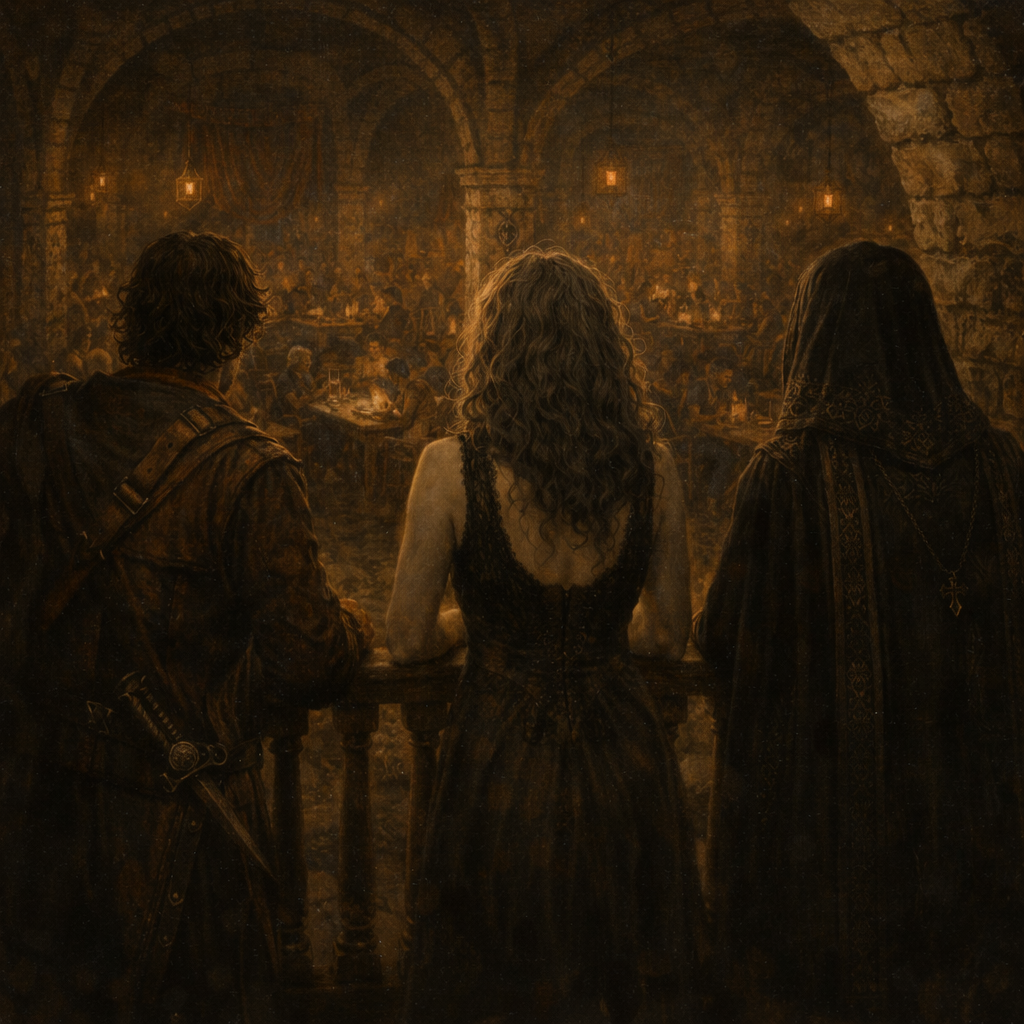 Cedric, Battista en Lucrezia op het balkon van de Witte Duif, uitkijkend op de zaal